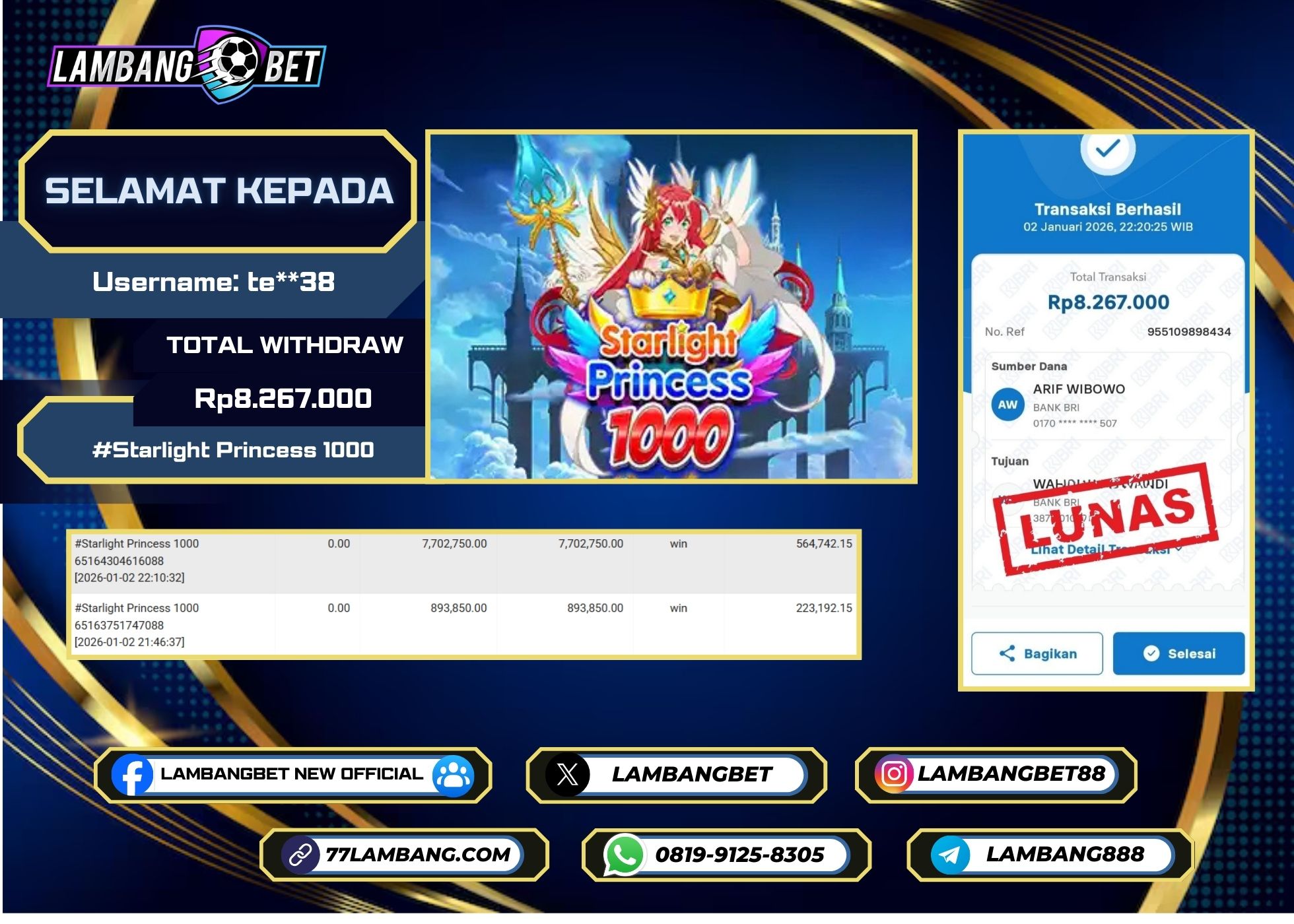 LAMBANGBET [2 JANUARI 2025] JACKPOT SLOT Starlight Princess 1000 "Rp8.267.000" LUNAS